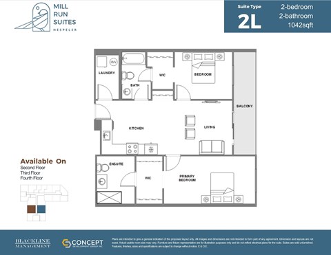 A floor plan for a 2-bedroom, 2-bathroom suite at Mill Run Suites.